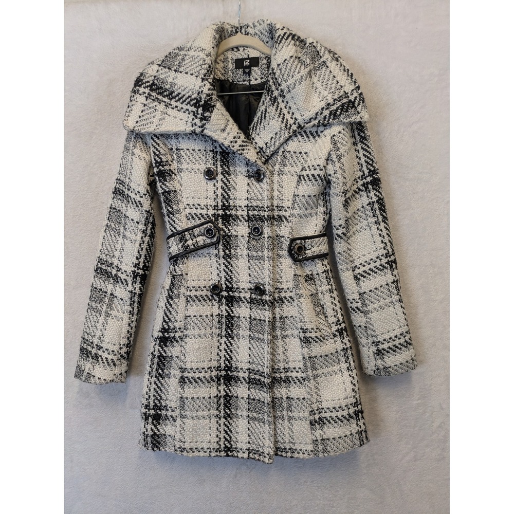 IZ Byer Trench Coat Women's XS Black White Plaid Double Breasted Belted Back